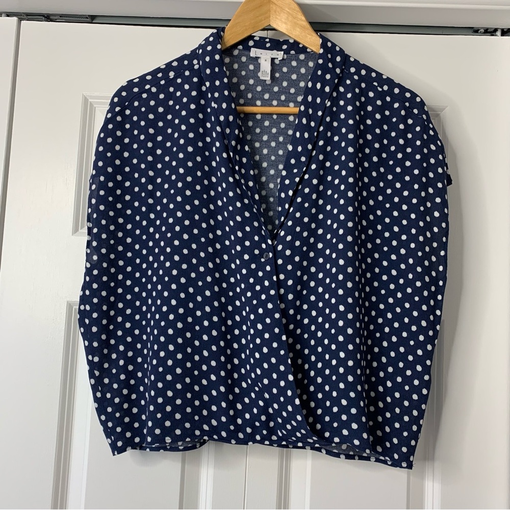 Leith Navy and White Polka Dot Short Sleeve Faux Wrap Blouse Size US M